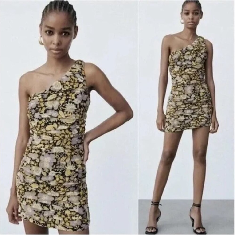 Zara Floral Ruched One Shoulder Mini Dress XS